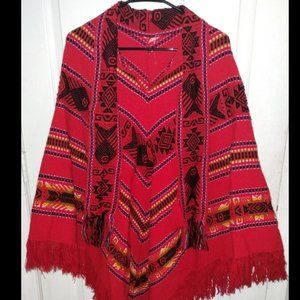 Vintage Hand Knit Woven Southwest Aztec Ethnic Red Boho Poncho Cape